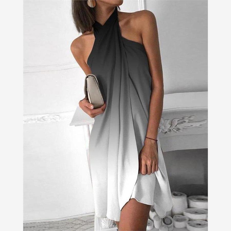 Neckline gradient dress women 时尚深灰色挂脖渐变连衣裙宽松裙