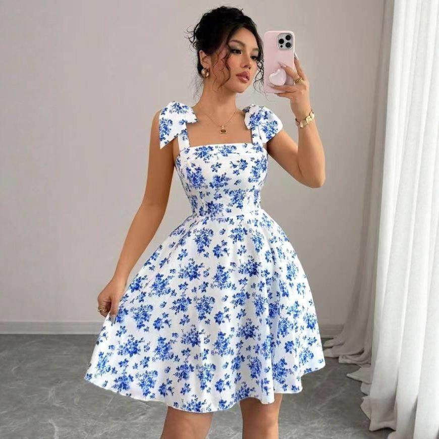 跨境外贸欧美女装亚马逊2025时尚碎花系带短裙无袖性感露背连衣裙