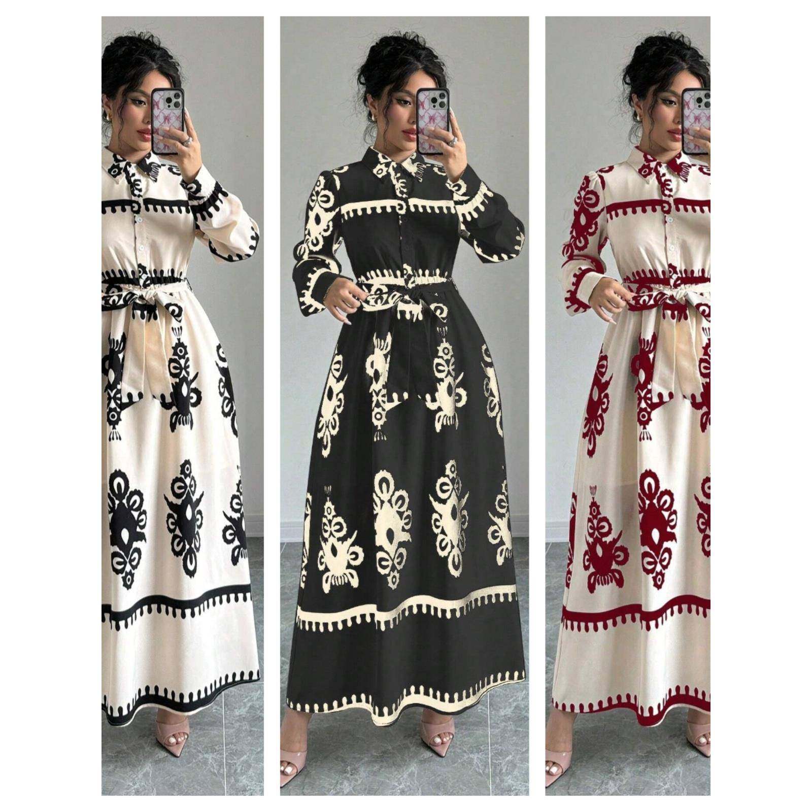欧美风格潮流民族风花纹印花长袖长款连衣裙秋季新款异域风情女装