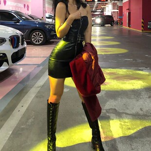 欧洲站欧美性感时尚个性DJ夜店女裹胸PU皮裙抹胸连衣裙包臀潮系带