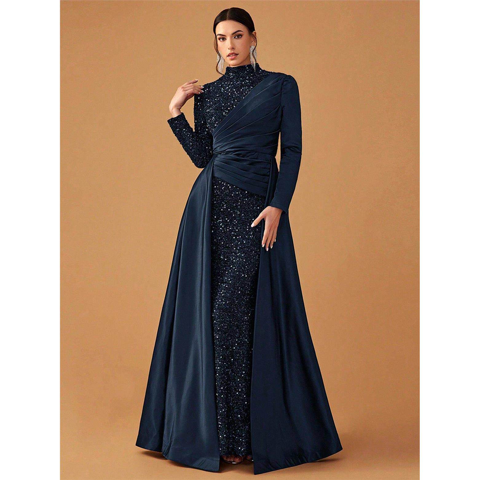 欧美秋冬款女士正式重工黑色晚宴礼服裙 Evening Party Dress