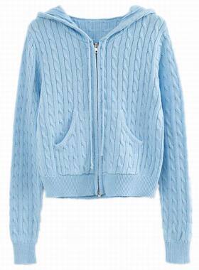 欧美风修身显瘦短款长袖连帽卫衣女春秋季纯色拉链针织开衫外套潮