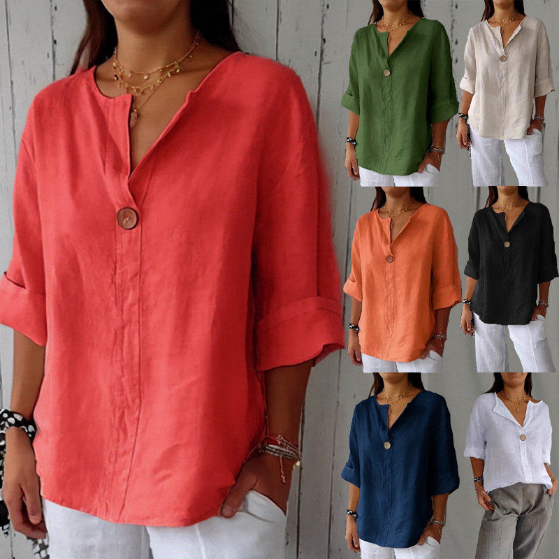 S-5XL summer women T shirt ladies tops宽松T恤衫棉麻纽扣上衣
