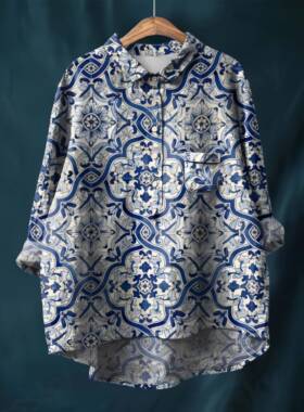 外贸女装2025春季新款印花长袖跨境女士长袖衬衫棉麻大码上衣