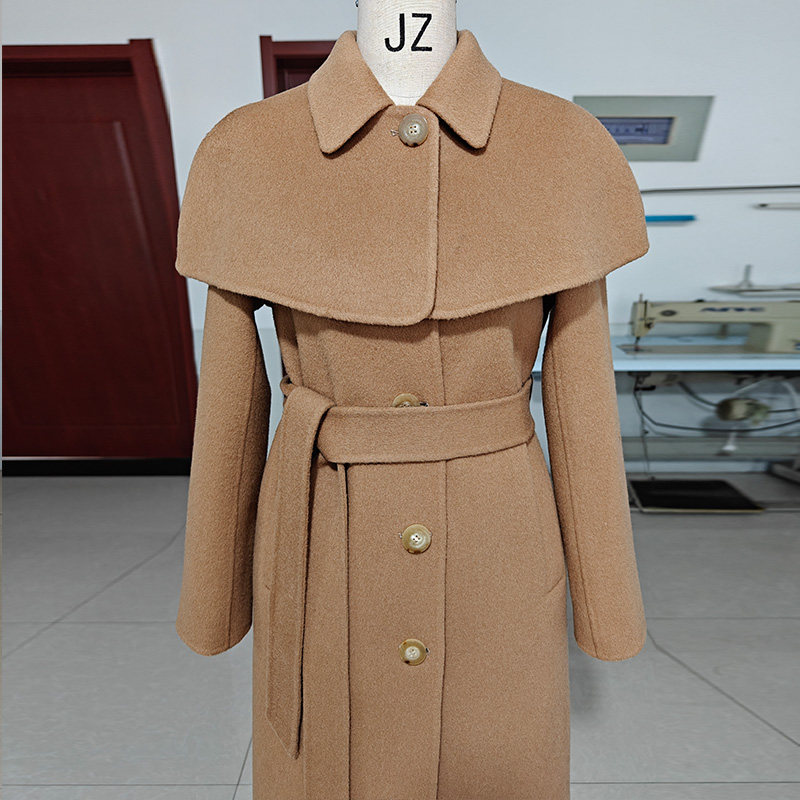 骆驼绒加厚披肩冬季高端灰白色黑长款双面羊绒大衣保暖毛呢外套女