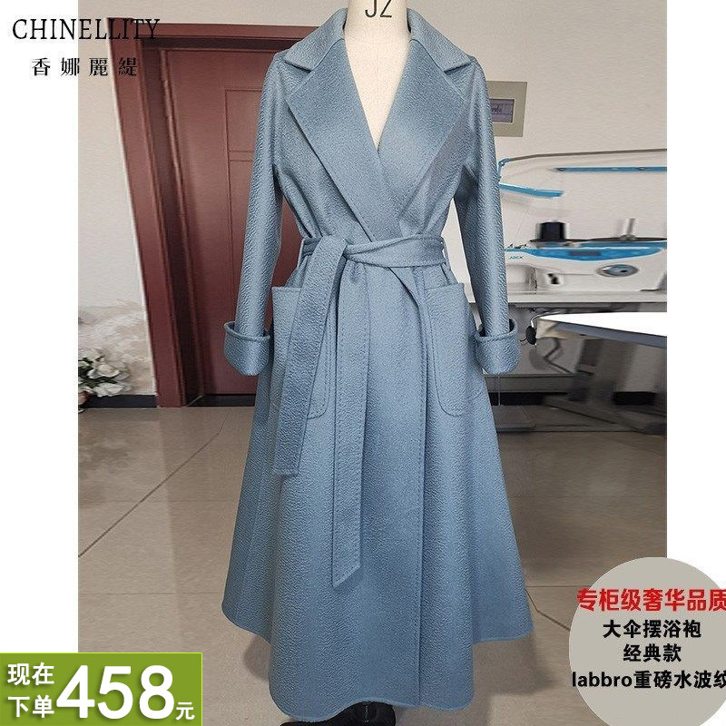 高端水波纹加厚双面羊绒大衣中长