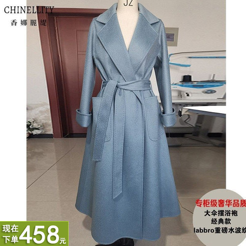 高端水波纹加厚双面羊绒大衣中长