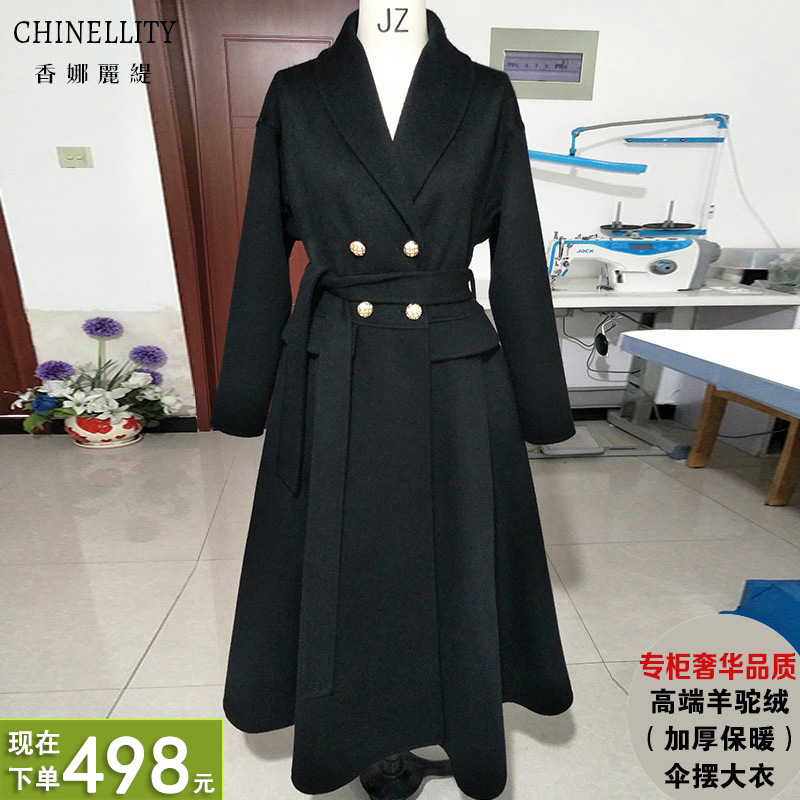 2024年冬高端羊驼绒加厚保暖黑色大摆双面羊绒大衣女