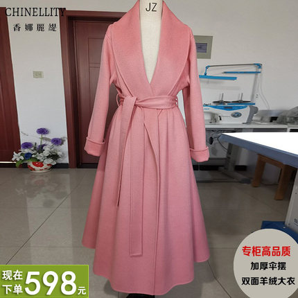 加厚双面羊绒大衣女2024秋冬高端中长款红色黑色翻领大摆羊毛呢外