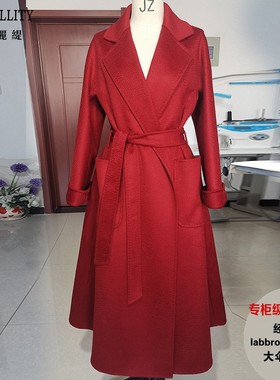 水波纹浴袍labbro双面羊绒大衣酒红色高端气质羊毛呢外套秋冬新女