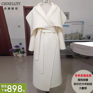 加厚双面羊绒大衣阿尔巴卡羊驼绒保暖大翻领黑色冬新款羊毛外套女