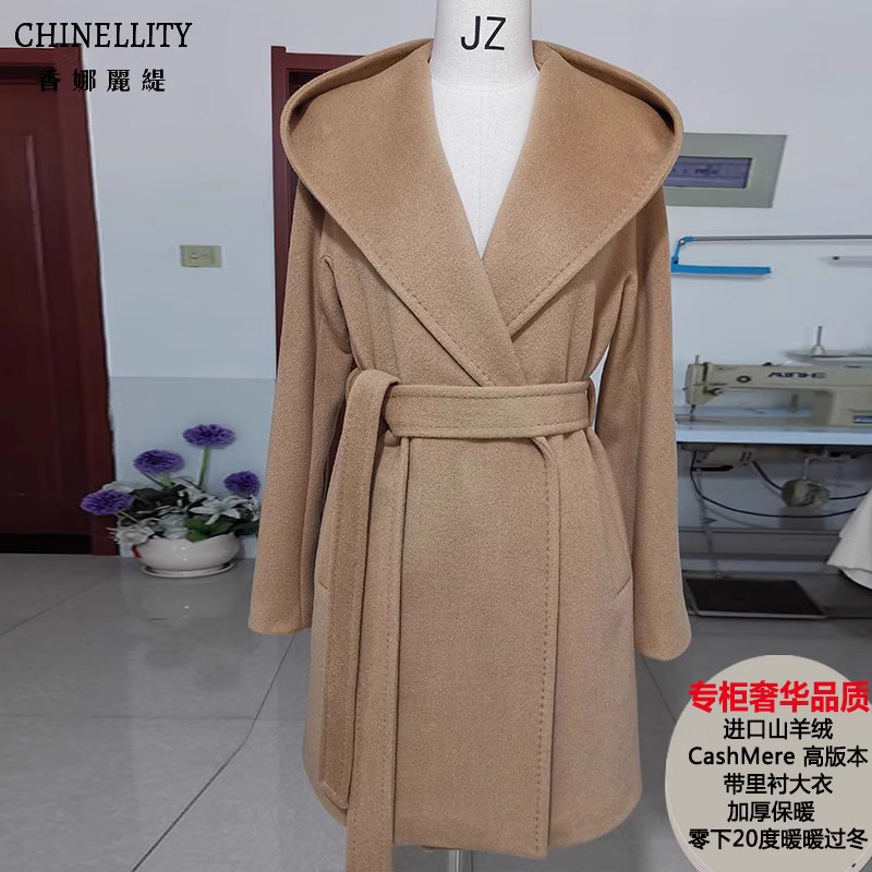 连帽山羊绒大衣进口带里衬高版本短款加厚白驼黑毛呢外套冬新款女