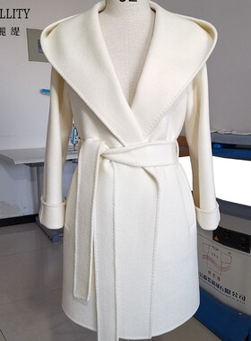 加厚双面羊绒大衣valdese白色保暖显瘦羊毛外套女连帽短款
