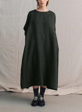 inLESS丨muku C1394 PATTERNED SIDE GATHERS 棉麻长袖连衣裙女