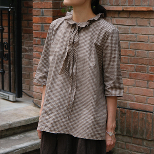 inLESS丨Apuntob P1990/TS899 格纹府绸棉衬衫花边七分袖上衣女