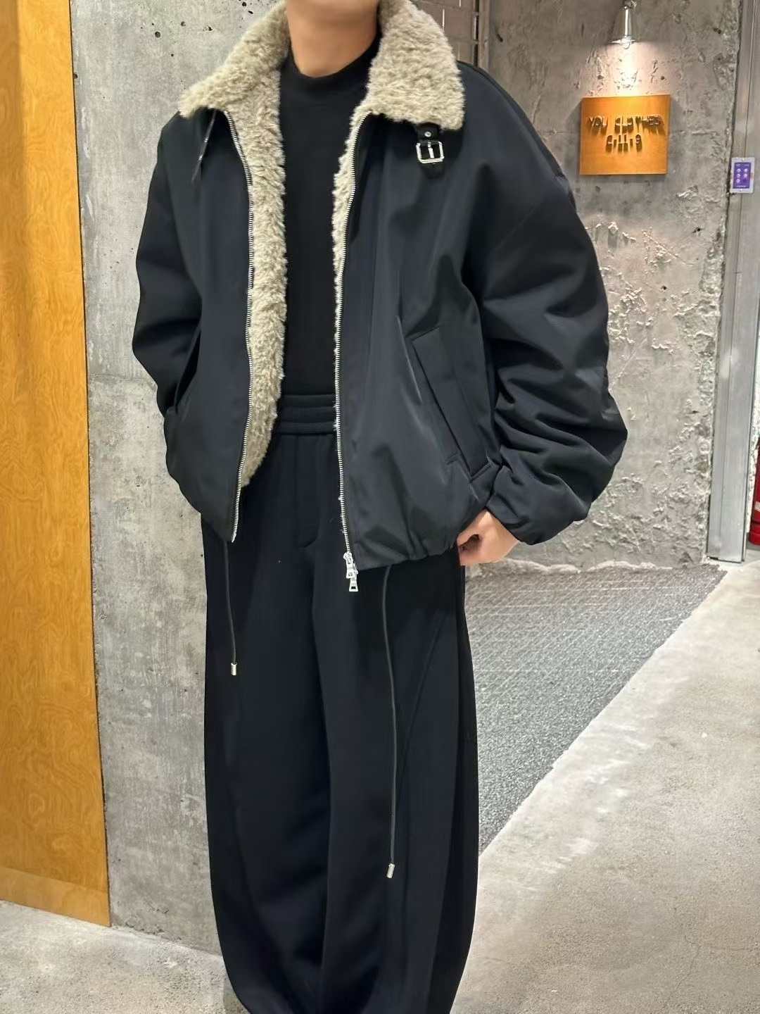 硬核型男冬季加厚保暖羊羔毛领座山雕宽松落肩袖短款夹克外套男