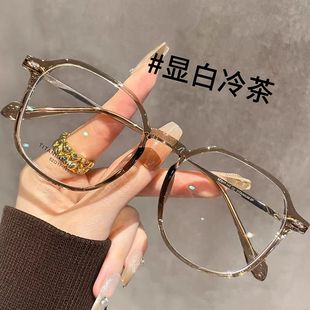 韩系显白冷茶色近视眼镜女可配度数素颜神器超轻钛材多边眼睛框架