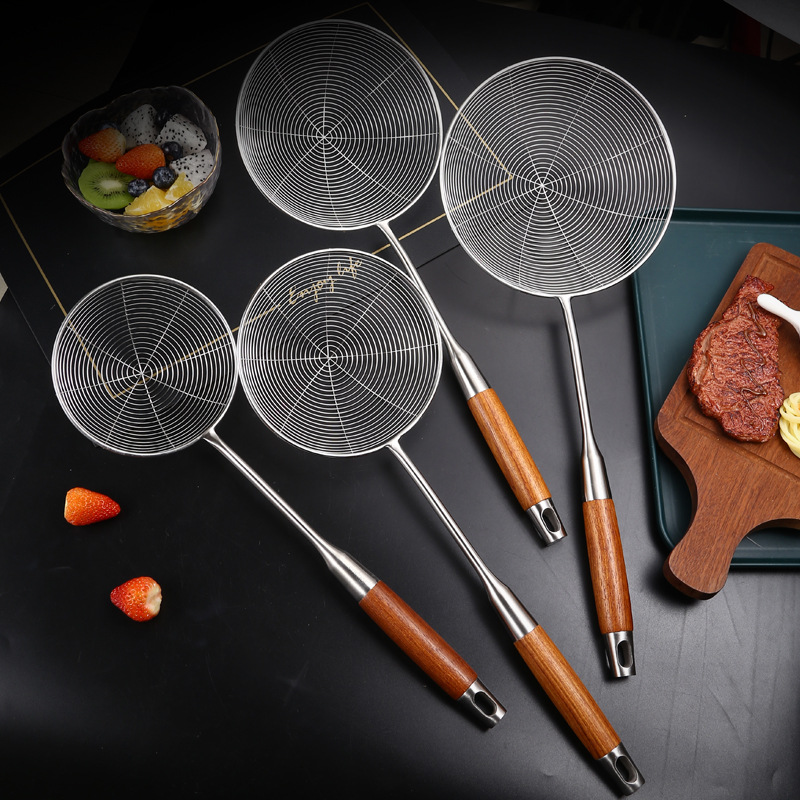 304不锈钢线漏厨房捞面油炸麻辣烫网漏火锅漏勺加厚花梨木柄笊篱