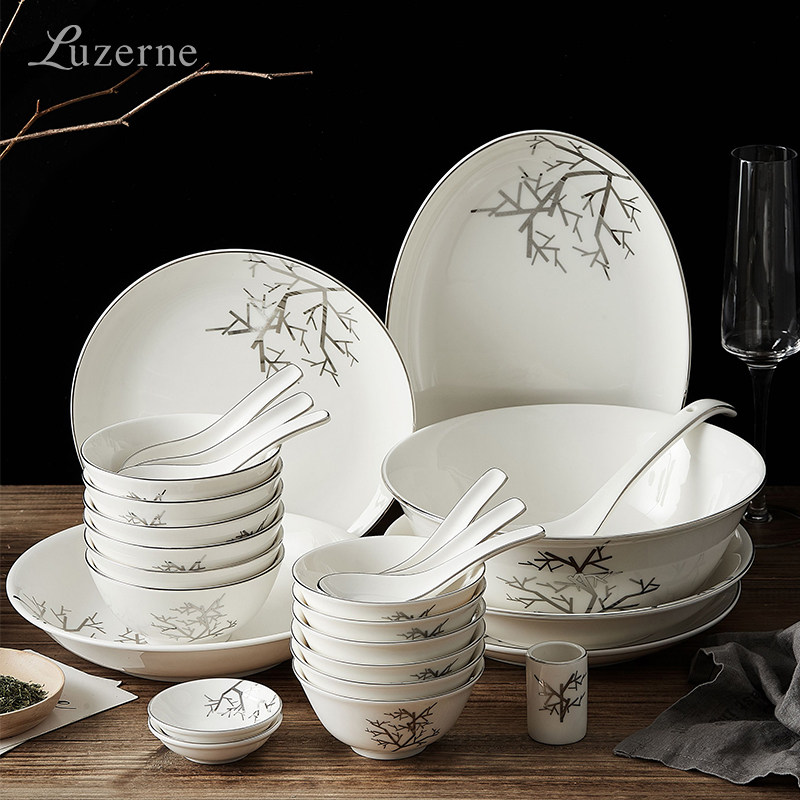 Luzerne陆升中式宫廷风傲霜枝铂饭碗汤勺面碗汤盘6人食28头礼盒,餐饮具,餐具瓷器套装,淘宝优惠券,粉丝福利购,淘宝优惠卷
