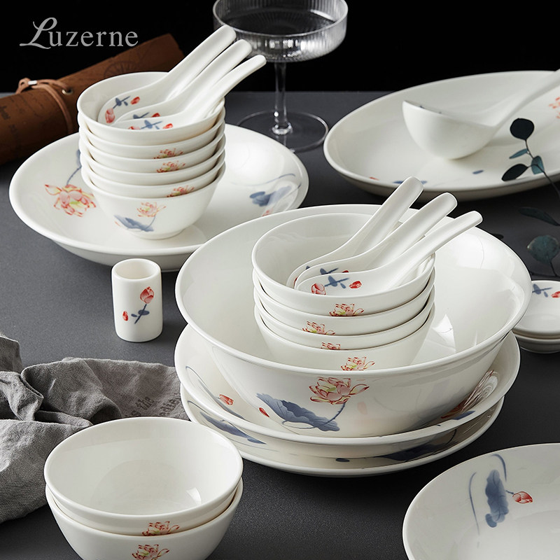 Luzerne陆升中式荷韵新骨瓷餐具套装饭碗汤盘鱼盘6人28头礼盒装,餐饮具,餐具瓷器套装,淘宝优惠券,粉丝福利购,淘宝优惠卷