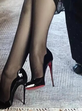 hotchick 10cm辣妹时尚女鞋红底细高跟浅口露趾侧空黑色漆皮单鞋