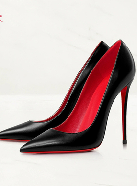 Lasanye哑光黑色羊纹皮CL红底高跟鞋细跟浅口真皮漆皮尖头单鞋女