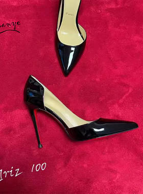 ACL Iriza 12cm 红底高跟鞋细跟浅口露趾性感内侧空黑色漆皮单鞋