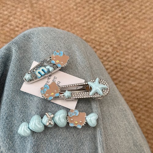韩系蓝色kt猫咪闪钻发夹爱心边夹