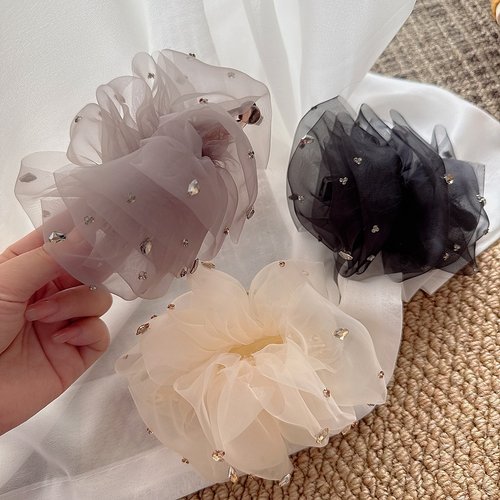 韩国发饰超仙水钻褶皱网纱香蕉夹