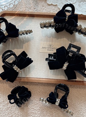 韩国气质百搭黑色植绒蝴蝶结抓夹网红新款珍珠大号鲨鱼夹发卡头饰