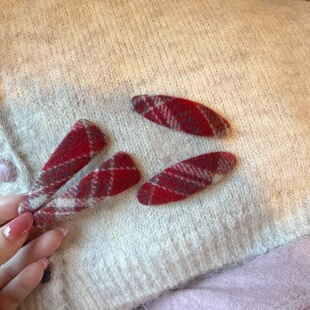 新年红色格纹布艺发夹侧边高级感碎发刘海夹一字头发夹子头饰发饰