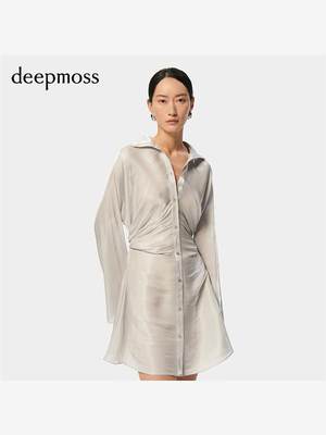 【deepmoss】2024春夏新款女装时尚休闲水泽褶涧收腰衬衫连衣裙