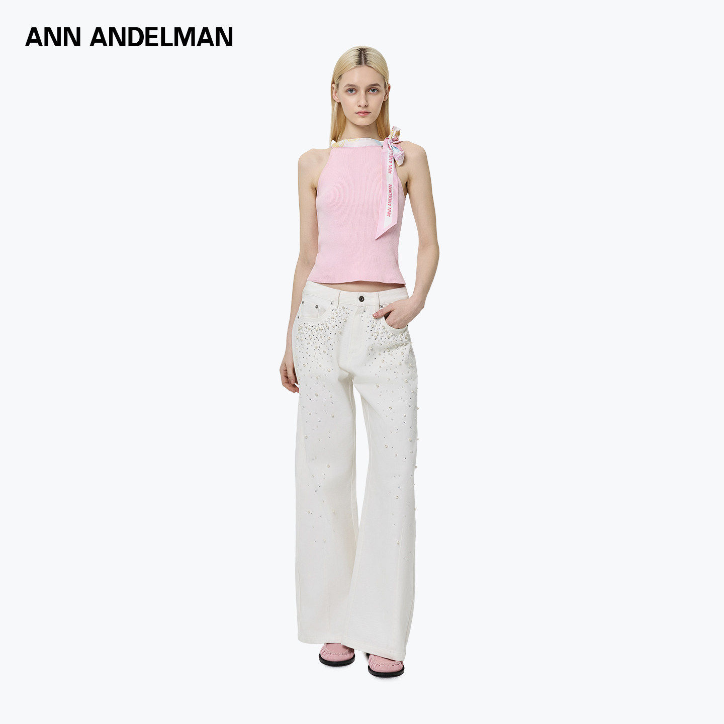 ANN ANDELMAN重工水洗满钻珍珠白色牛仔裤宽松弯刀阔腿裤