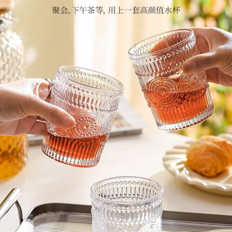 德梵蒂创意浮雕玻璃杯家用水杯饮料杯牛奶果汁杯300ml无金边太阳高性价比高么？