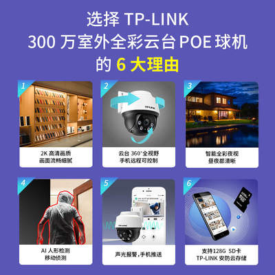 TPLINK有线poe摄像头家用室外手机远程360度无死角监控器IPC682P