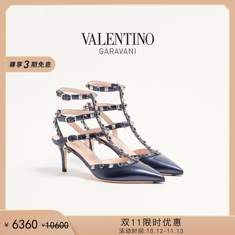 [双11限时优惠]华伦天奴VALENTINO女士 ROCKSTUD 铆钉系带高跟鞋