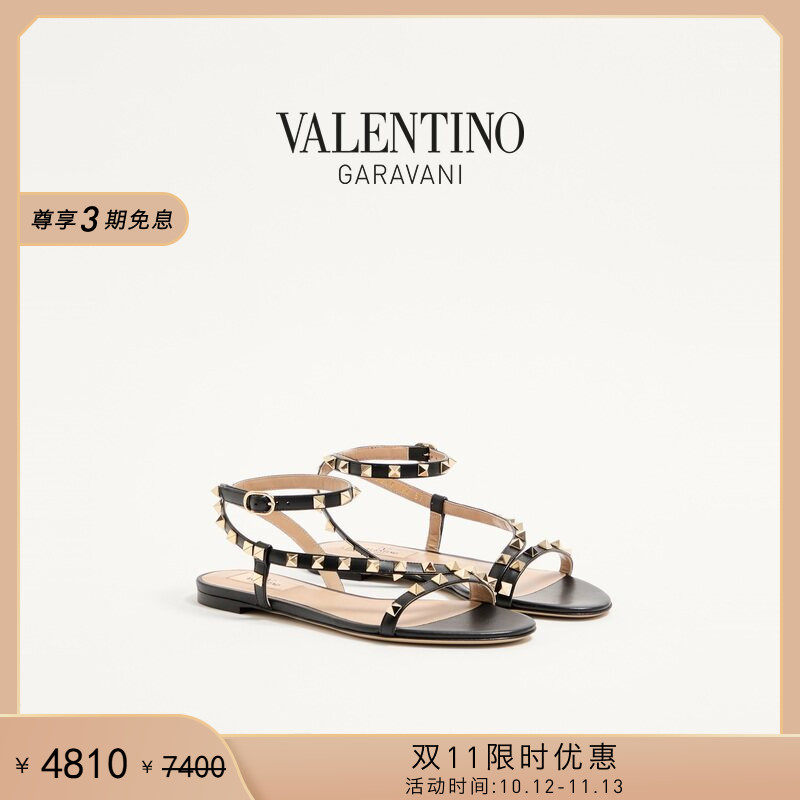 [双11限时优惠]华伦天奴VALENTINO女士 ROCKSTUD 铆钉平底凉鞋