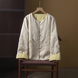 开衫 国风挽袖 冬 重工刺绣100桑蚕丝真丝圆领外套女新中式 双面穿