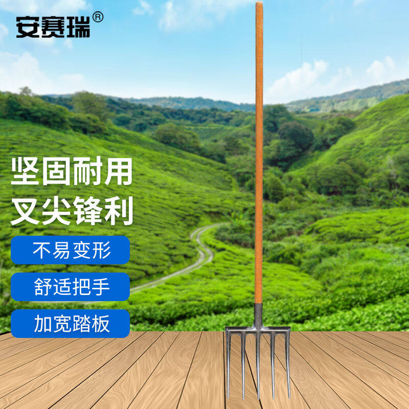 安赛瑞翻地松土钢叉开荒深挖叉草工具五齿款配1.2米槐木柄5j00126