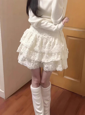 甜美奶黄色女设计感小个子蕾丝边高腰蛋糕蓬蓬裙子裙半身女裙半身