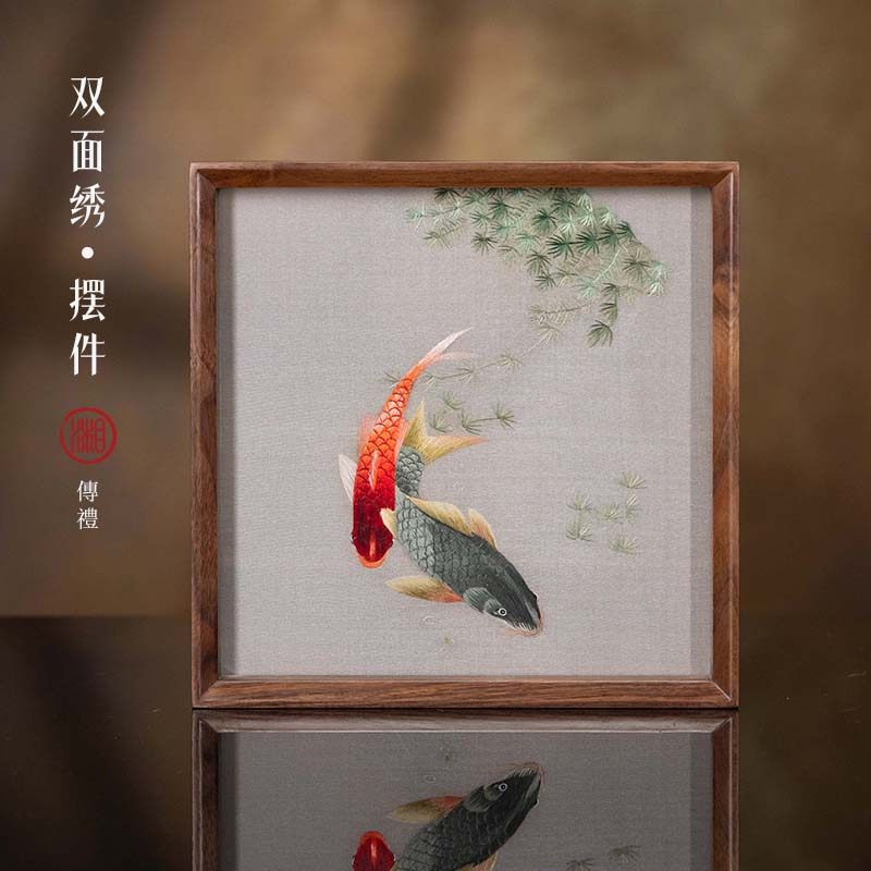 湘传礼湘绣胡桃木纯手工真丝双面绣桌面摆件湖南特色礼品