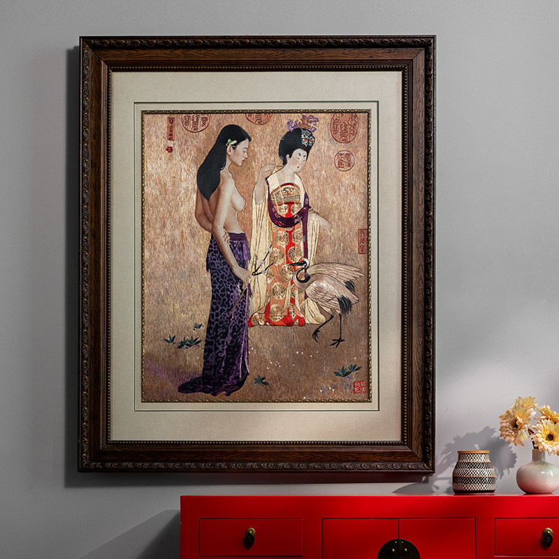湘传礼湘绣纯手工真丝全满绣客厅卧室挂画唐朝仕女图工艺品人物画