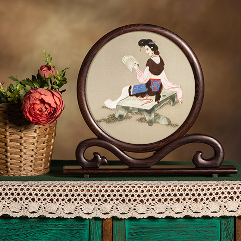 湘传礼湘绣纯手工双面绣国风仕女图人物肖像书房茶室摆件伴手礼