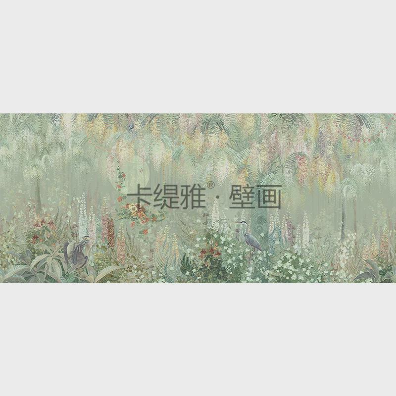 热销Katiya美式手绘油画花草墙布法式客厅电视背景墙壁画无缝沙发