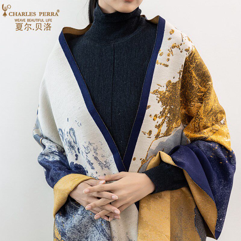 热销夏尔贝洛 油画外搭保暖围巾围脖高端斗篷空调房披肩秋冬大披