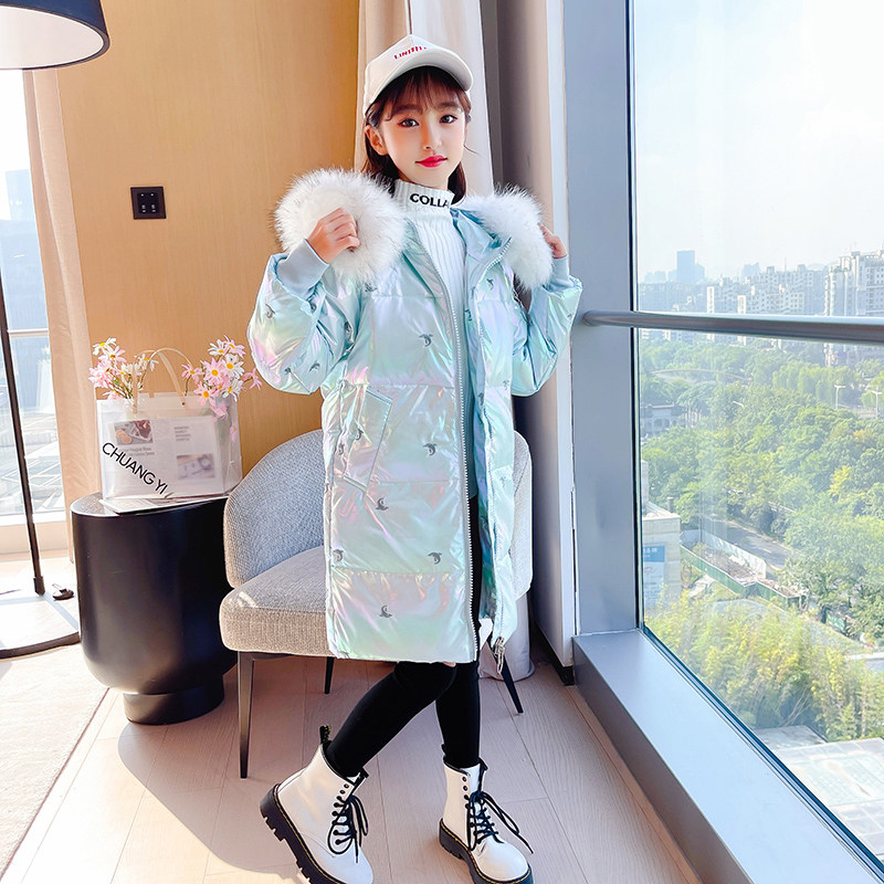 巴拉巴拉女童羽绒服中长款加厚2021新款中大儿童洋气亮面免洗外套