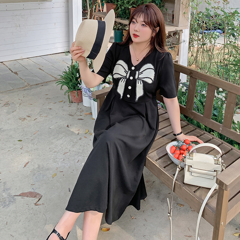 欧美大码连衣裙胖mm夏季短袖蝴蝶结提花长款裙子气质收腰小黑裙潮