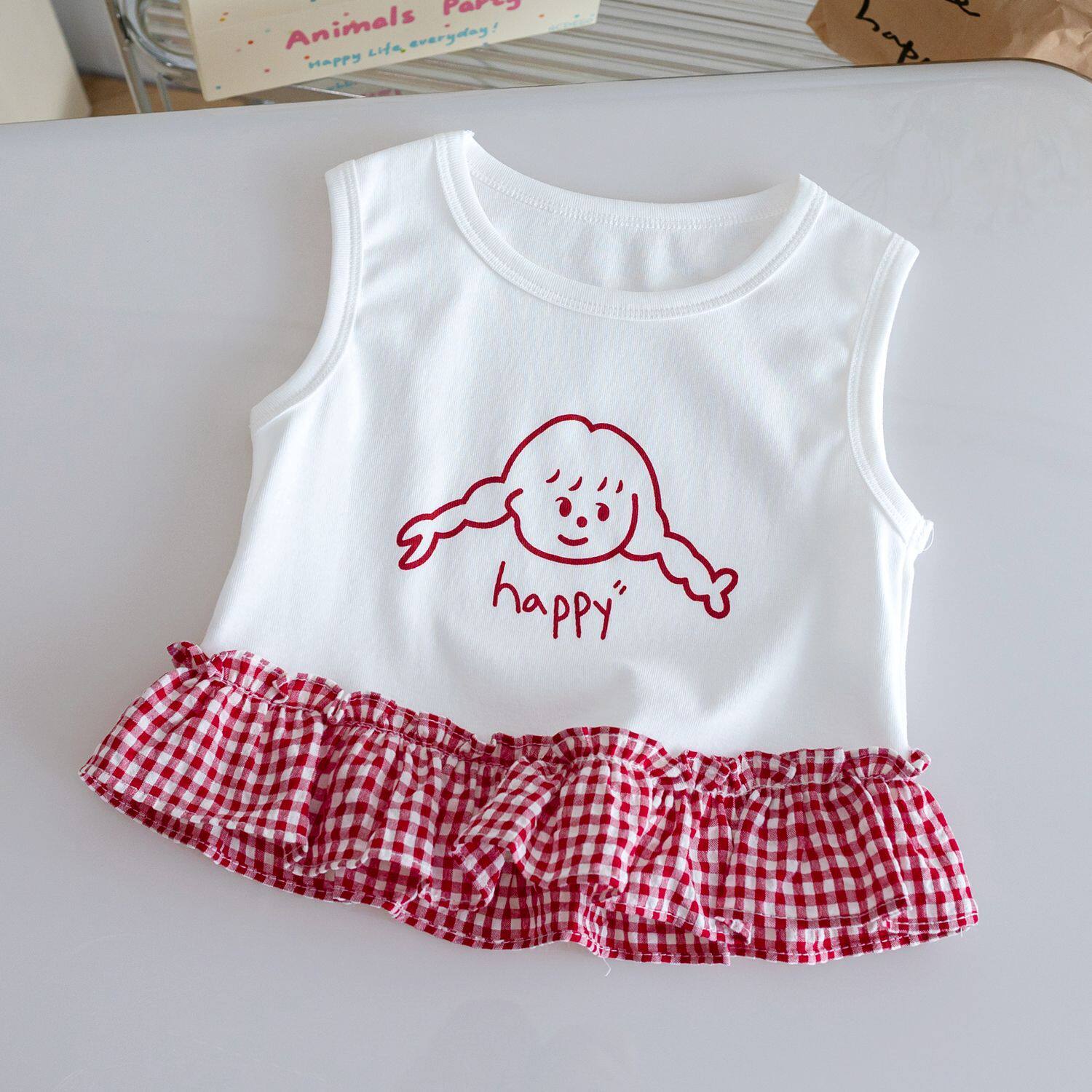 女童背心夏季新款外穿荷叶边女宝宝可爱百搭无袖T恤拼接格子裙