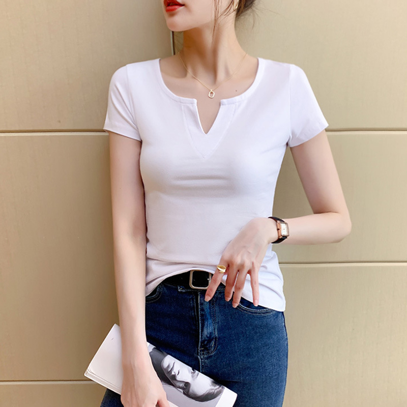 白色纯棉修身小V领短袖t恤女夏
