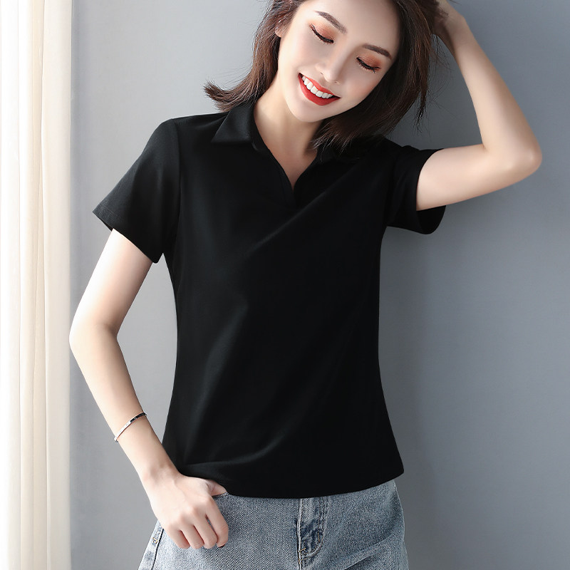 블랙 스레드 코튼 폴로 셔츠 반팔 RT 셔츠 여성 여름 새 흰색 옷깃 느슨한 슬리밍 바닥 셔츠 탑
